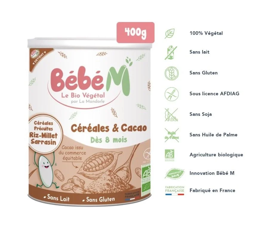 Bébé M Céréales cacao 8mois+, 100% végétale, Sans lait, Sans gluten